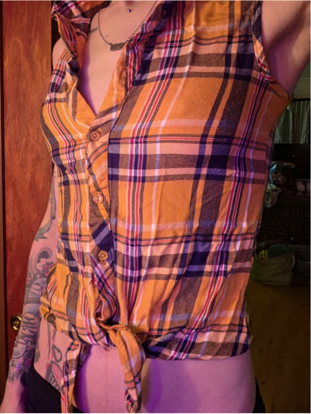 Women's Sleeveless Plaid Tie-Front Top Yellow Size S